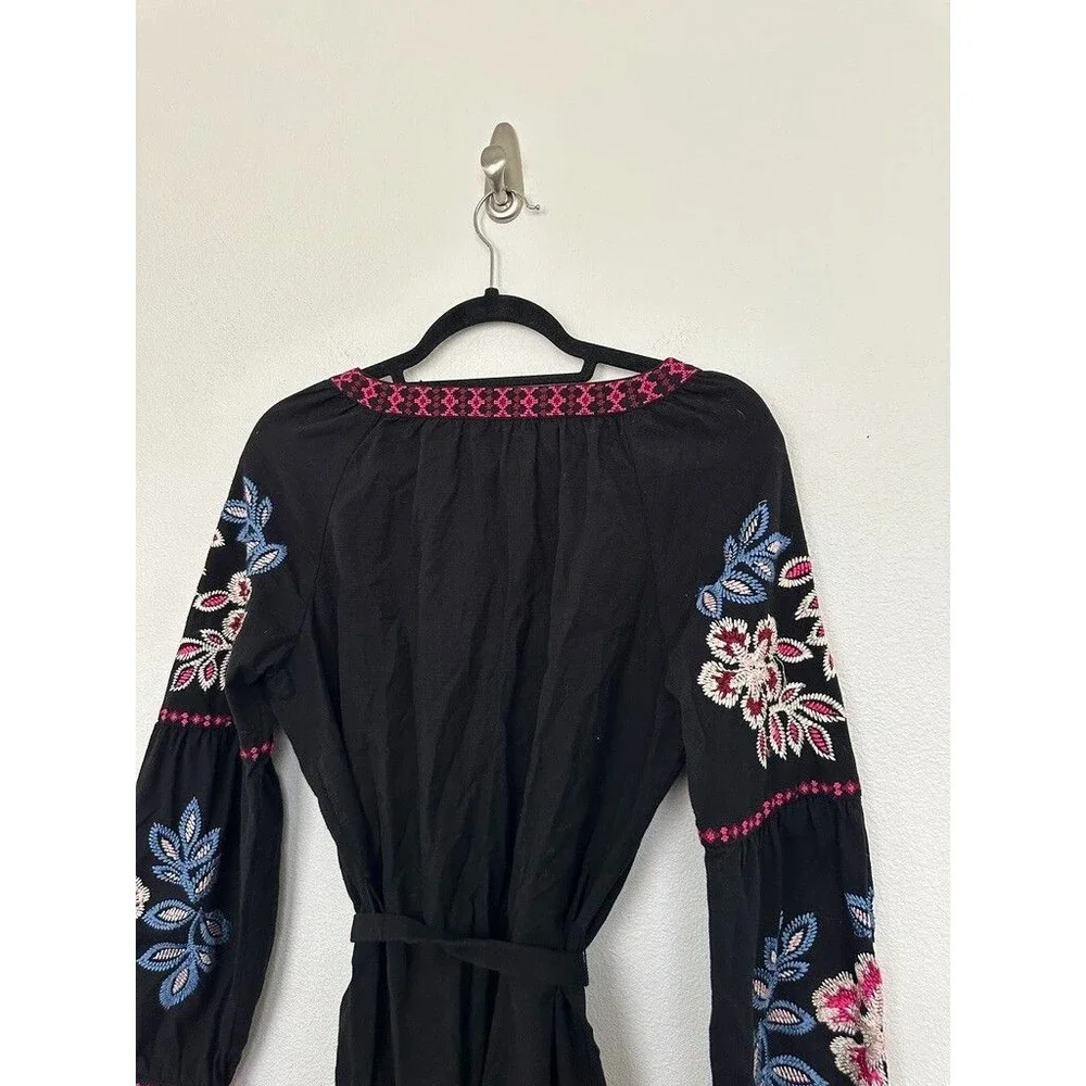 Tory Burch Therese Tunic Dress Embroidered Belted Black V-Neck Cotton Women's 2